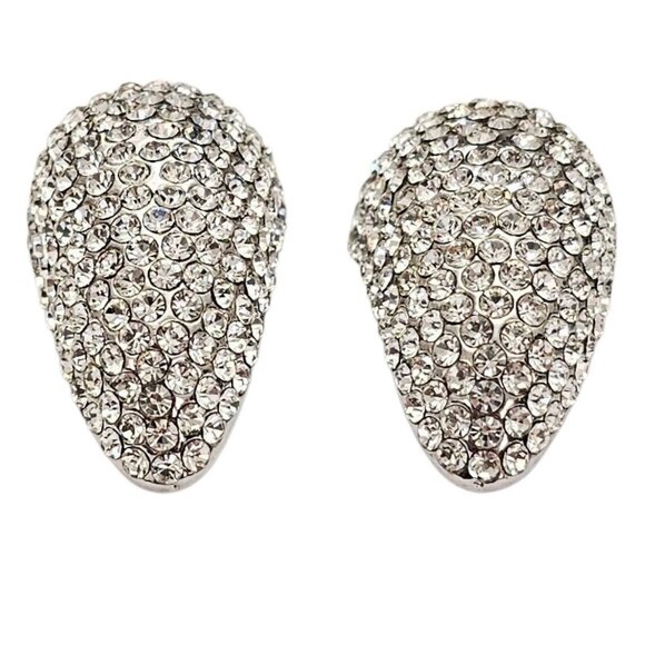 Jarin Silver Tone Clear Rhinestone Pave Clip On Earrings Teardrop Style, Signed - Picture 4 of 11